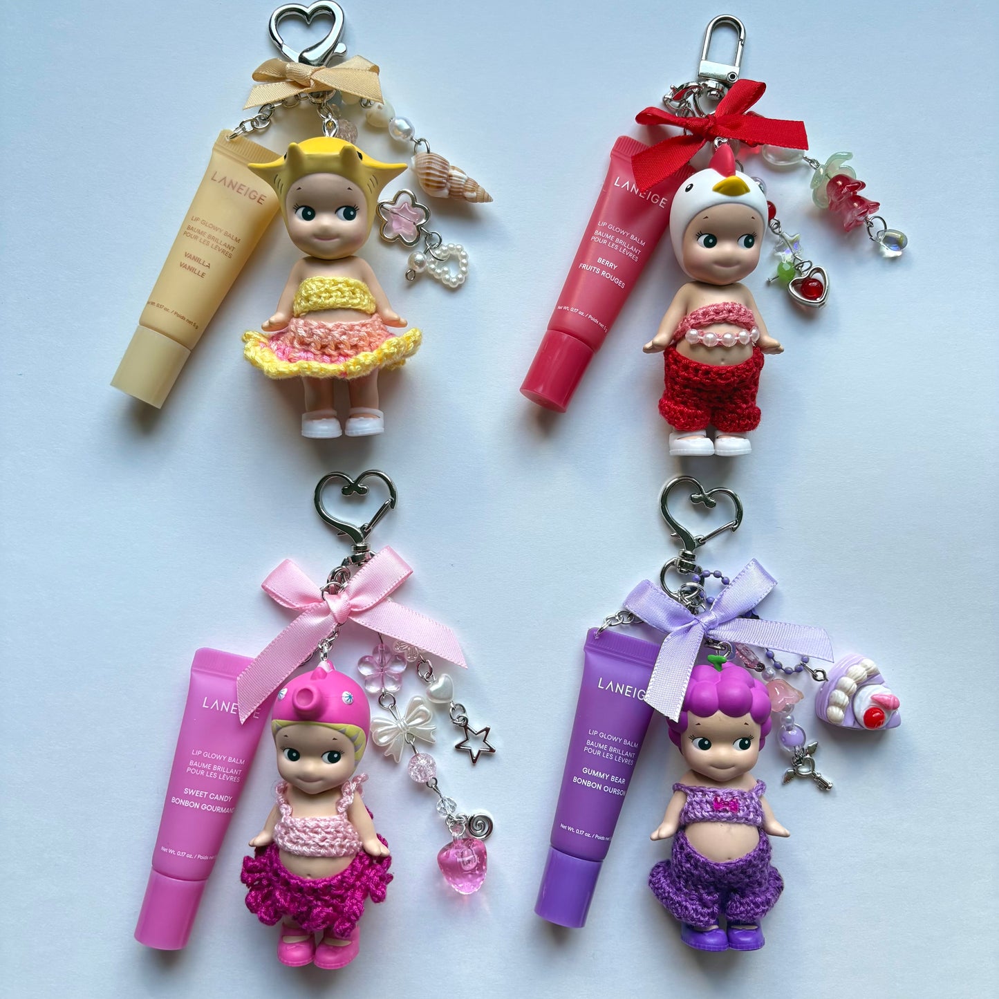 sonny angel keychains x crochet outfits and mini laneige lip balms