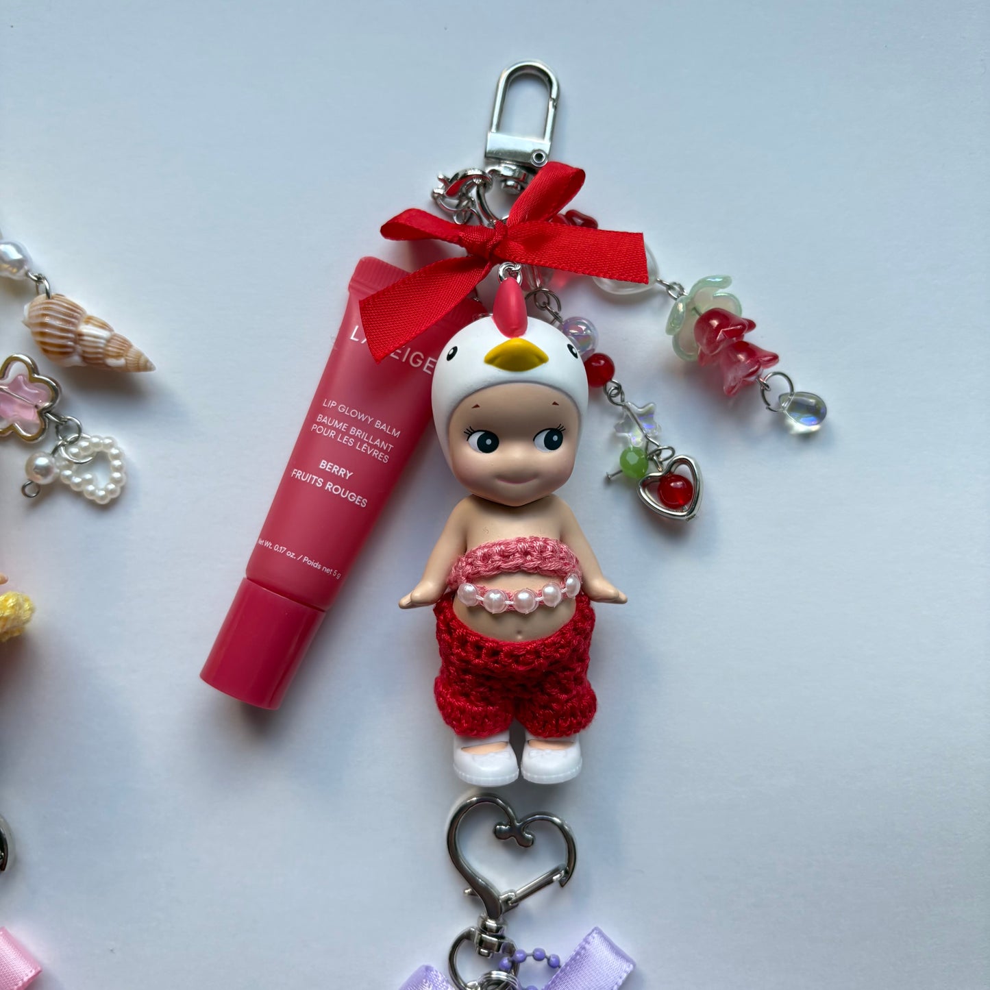 sonny angel keychains x crochet outfits and mini laneige lip balms