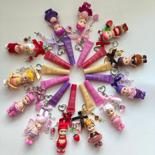 sonny angel keychains x crochet outfits and mini laneige lip balms