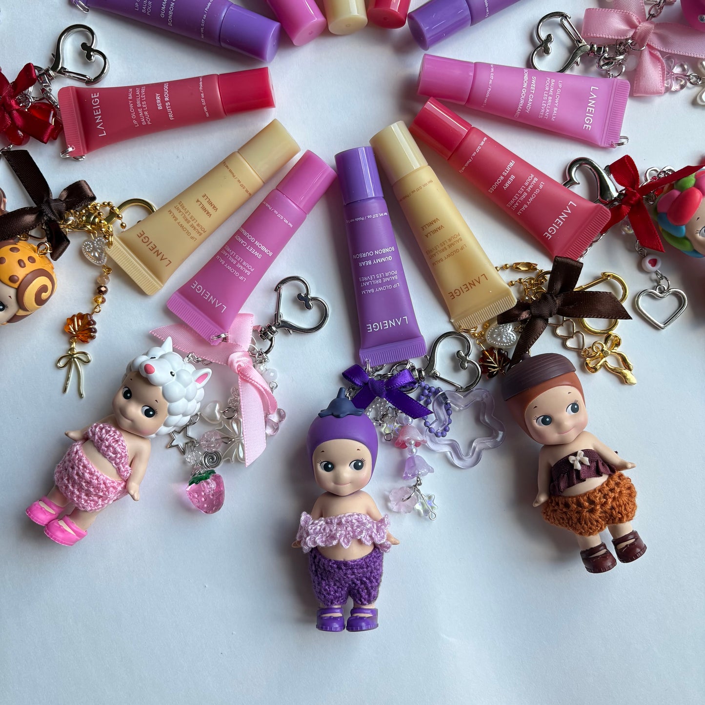 sonny angel keychains x crochet outfits and mini laneige lip balms