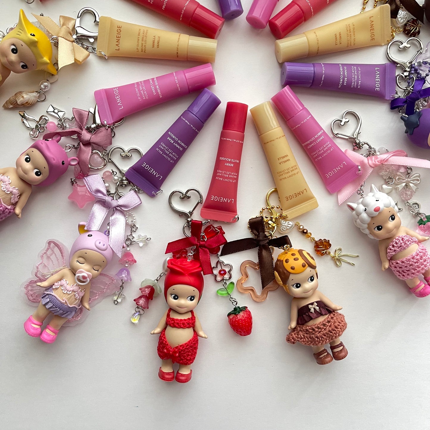 sonny angel keychains x crochet outfits and mini laneige lip balms