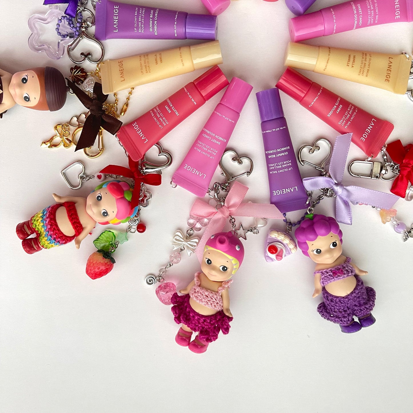 sonny angel keychains x crochet outfits and mini laneige lip balms