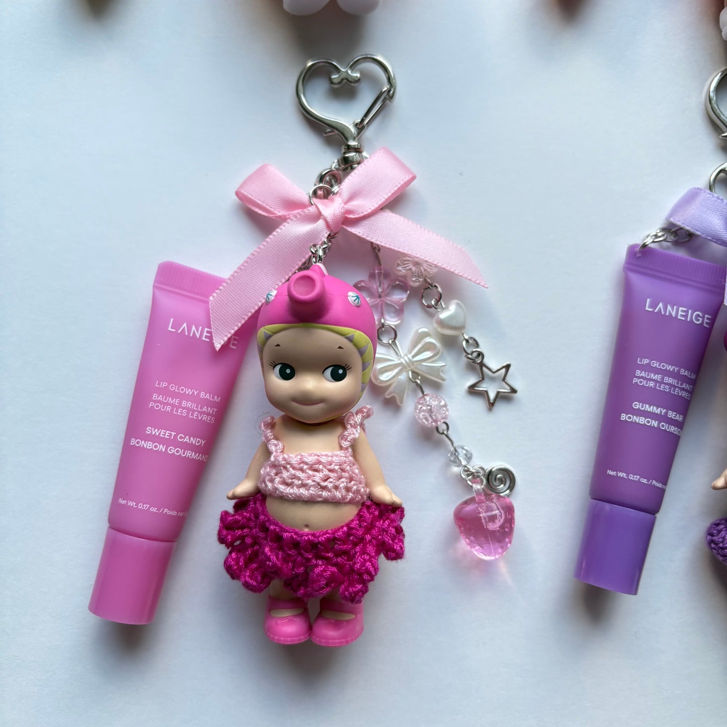 sonny angel keychains x crochet outfits and mini laneige lip balms