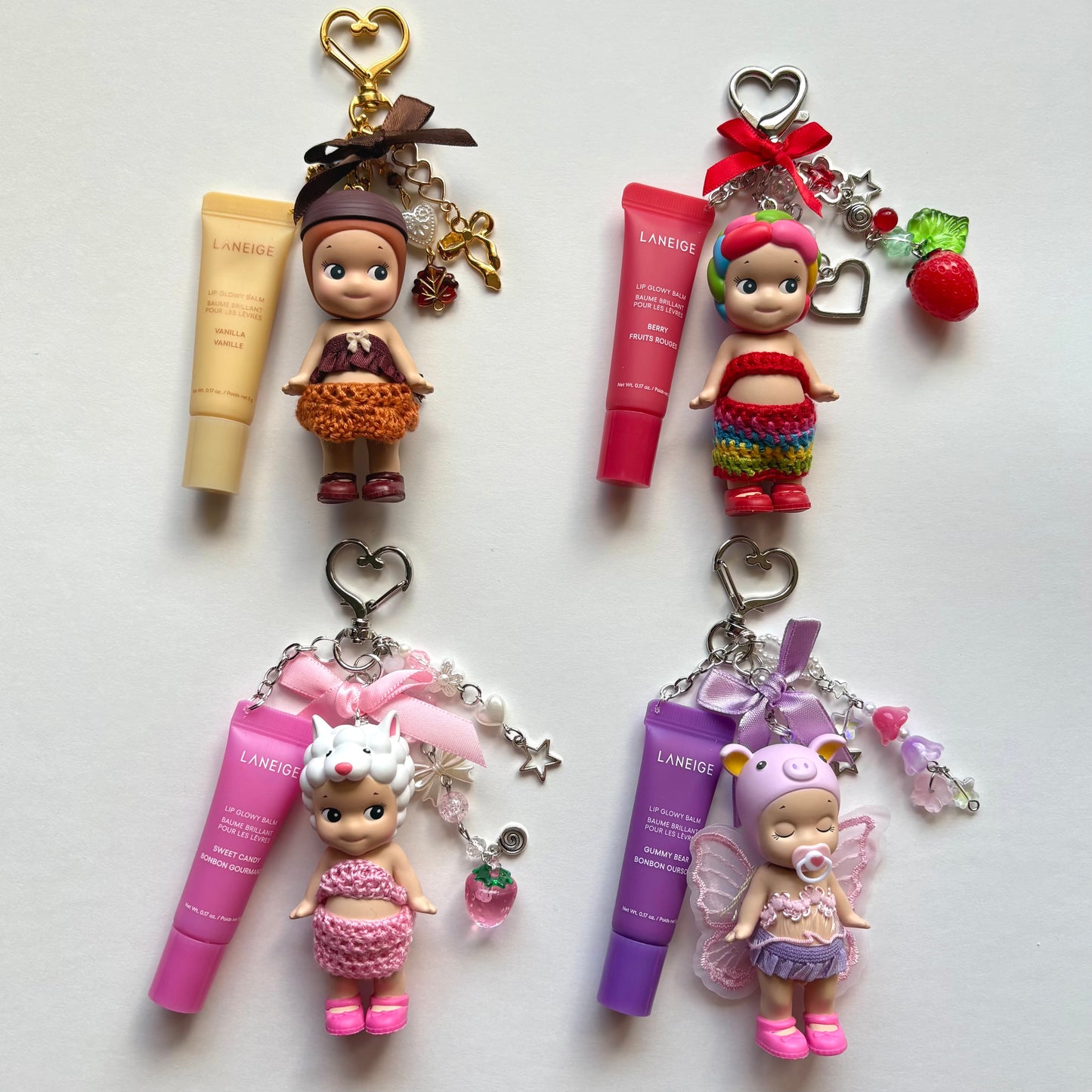 sonny angel keychains x crochet outfits and mini laneige lip balms