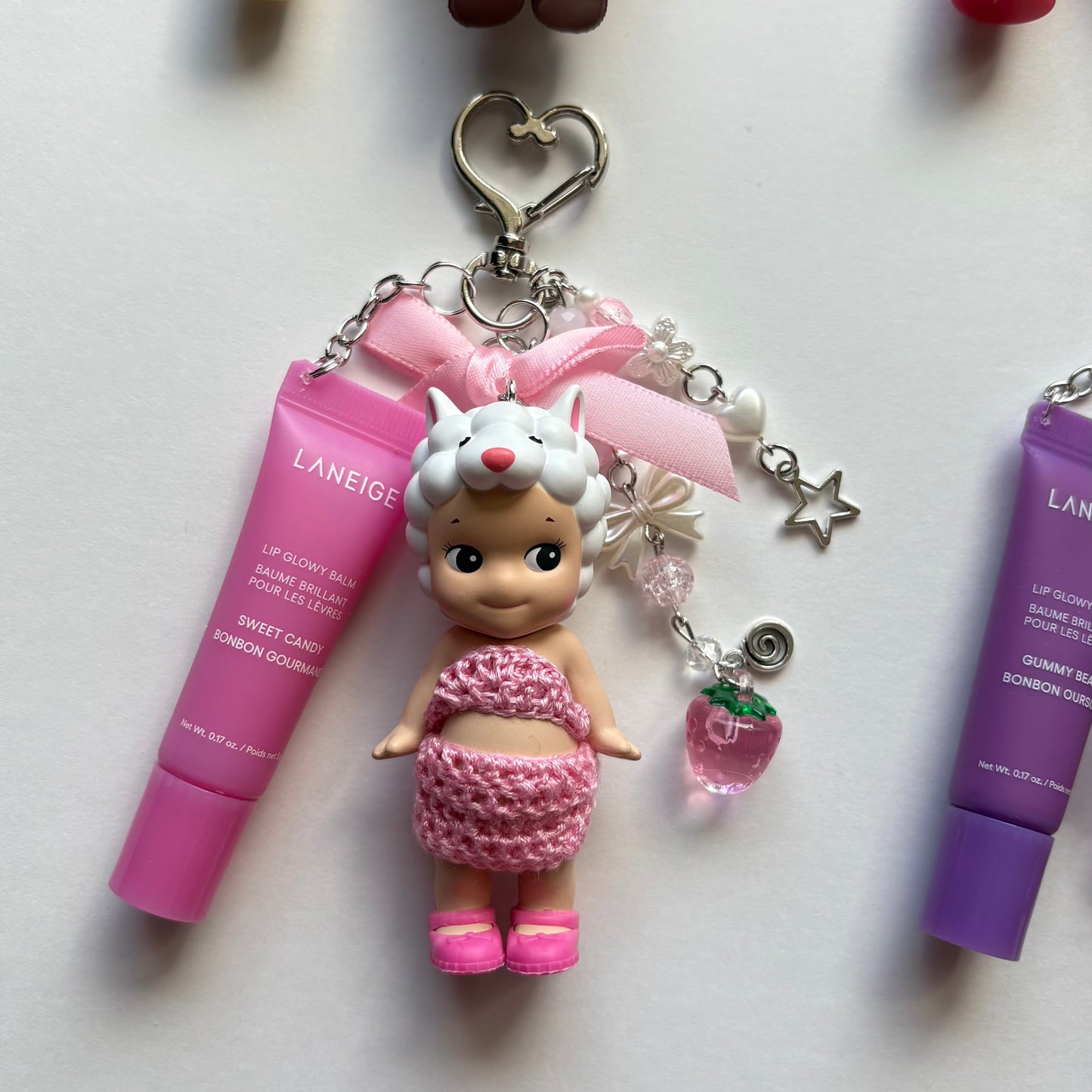sonny angel keychains x crochet outfits and mini laneige lip balms