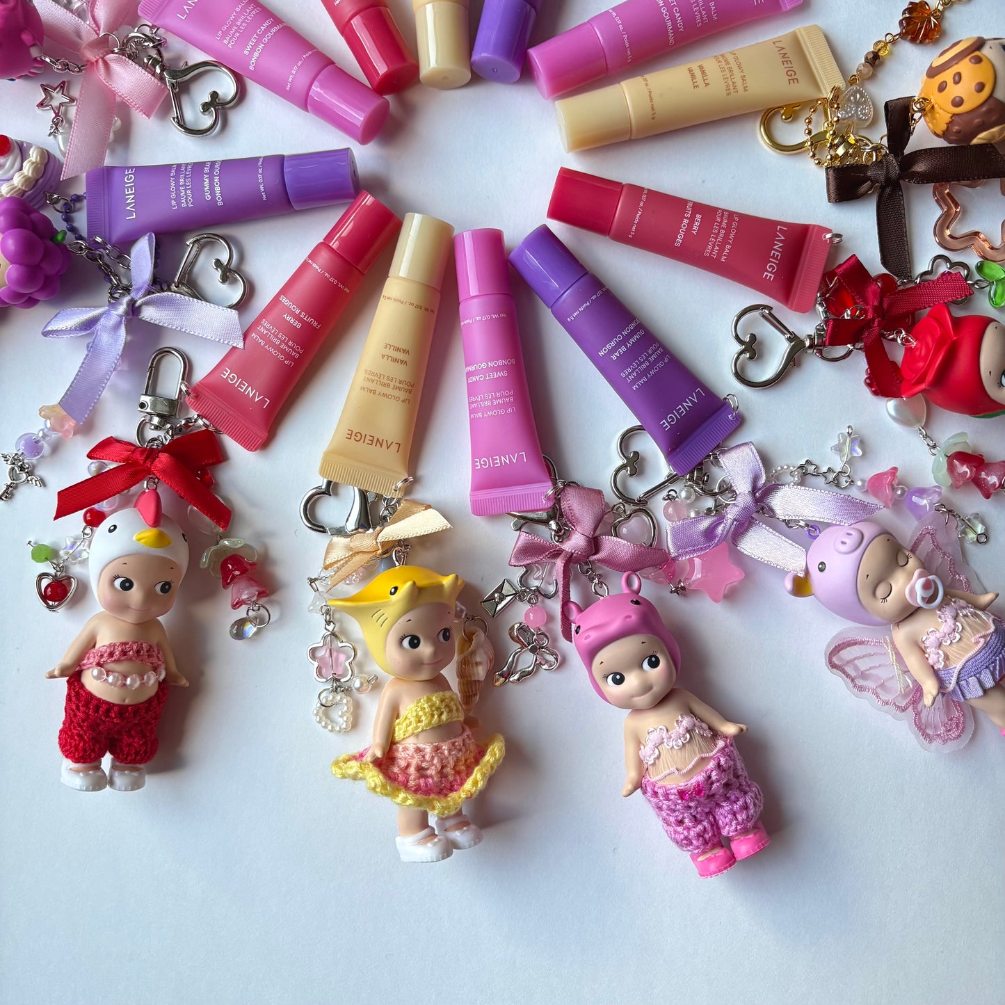 sonny angel keychains x crochet outfits and mini laneige lip balms