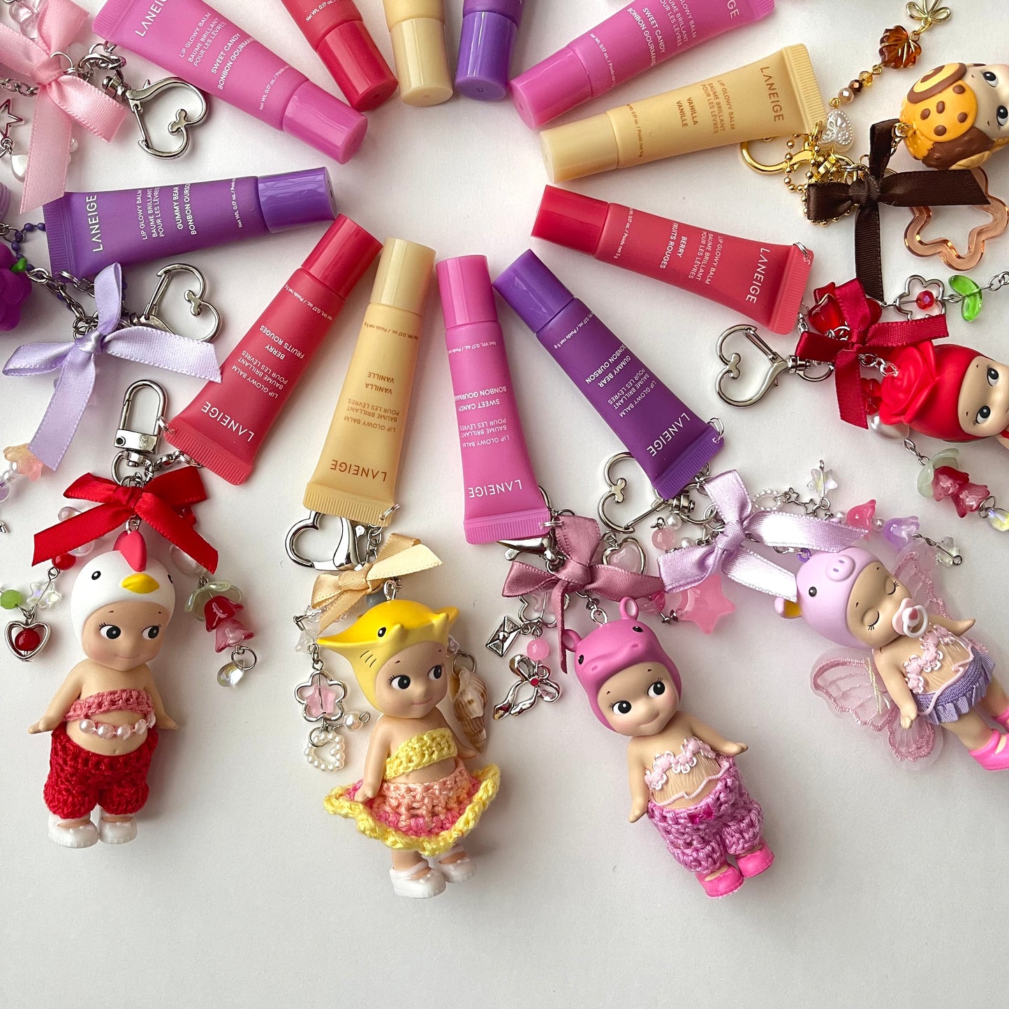 sonny angel keychains x crochet outfits and mini laneige lip balms
