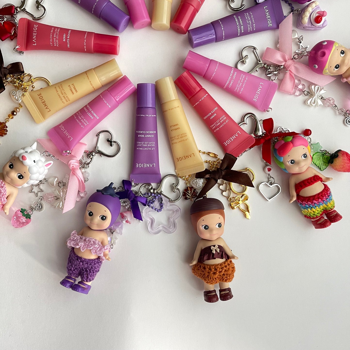 sonny angel keychains x crochet outfits and mini laneige lip balms
