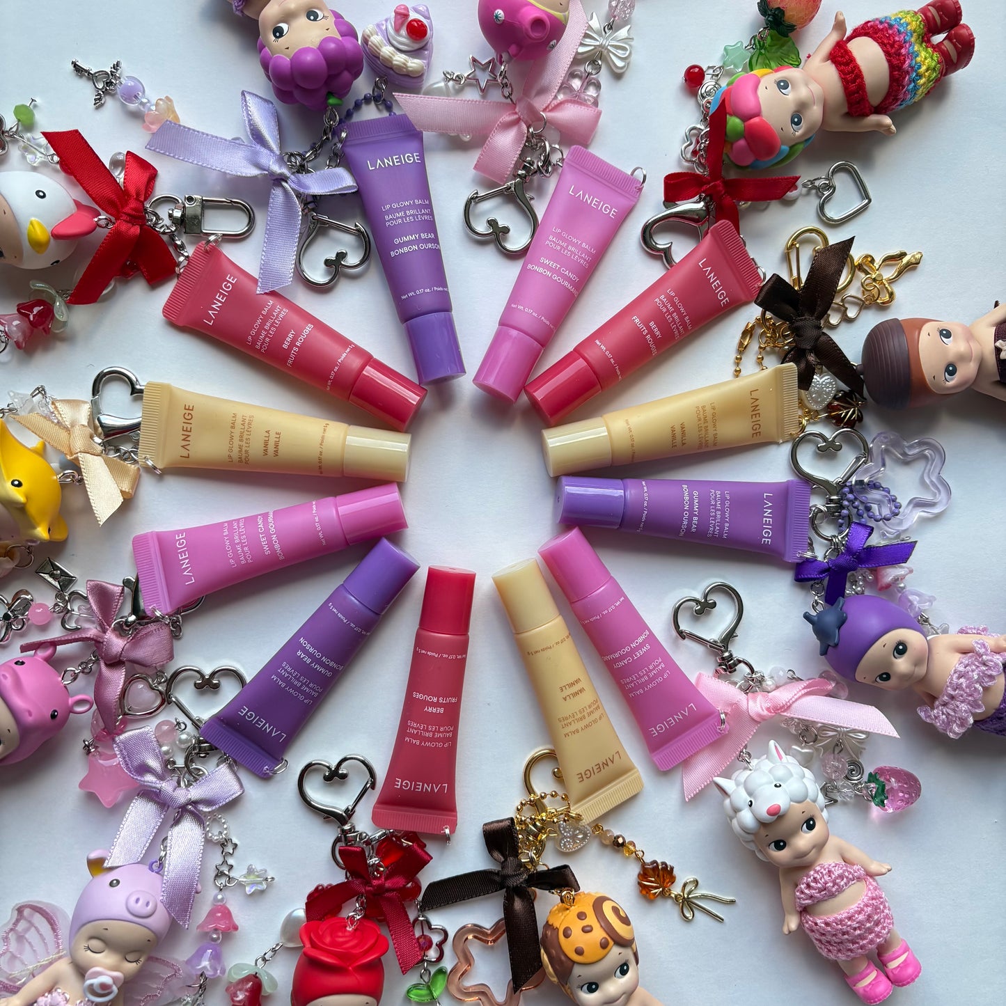 sonny angel keychains x crochet outfits and mini laneige lip balms