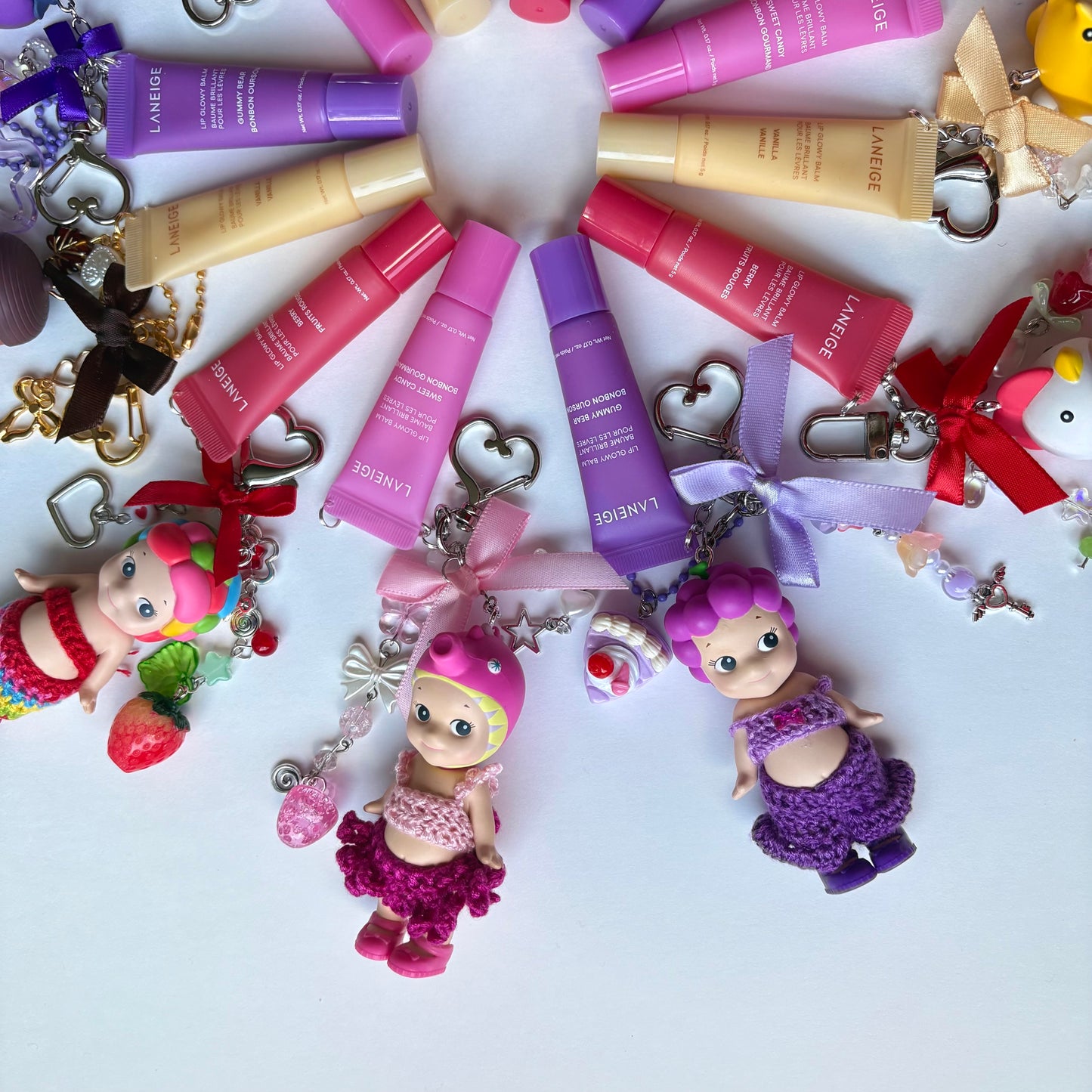 sonny angel keychains x crochet outfits and mini laneige lip balms