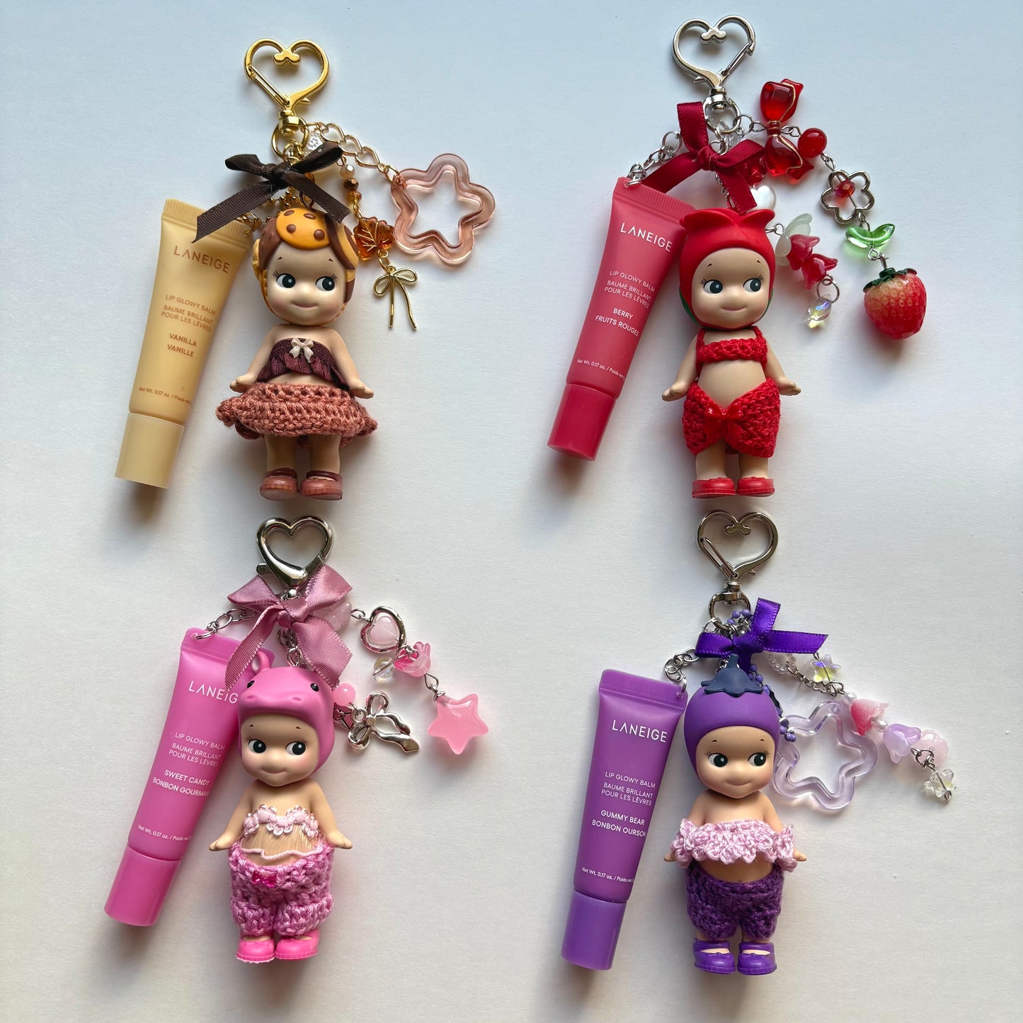 sonny angel keychains x crochet outfits and mini laneige lip balms
